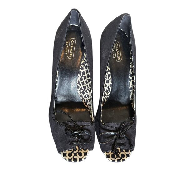 Coach Corey Black Peep Toe Bow 4" Block Heels Pumps Size 8.5B - Picture 2 of 12